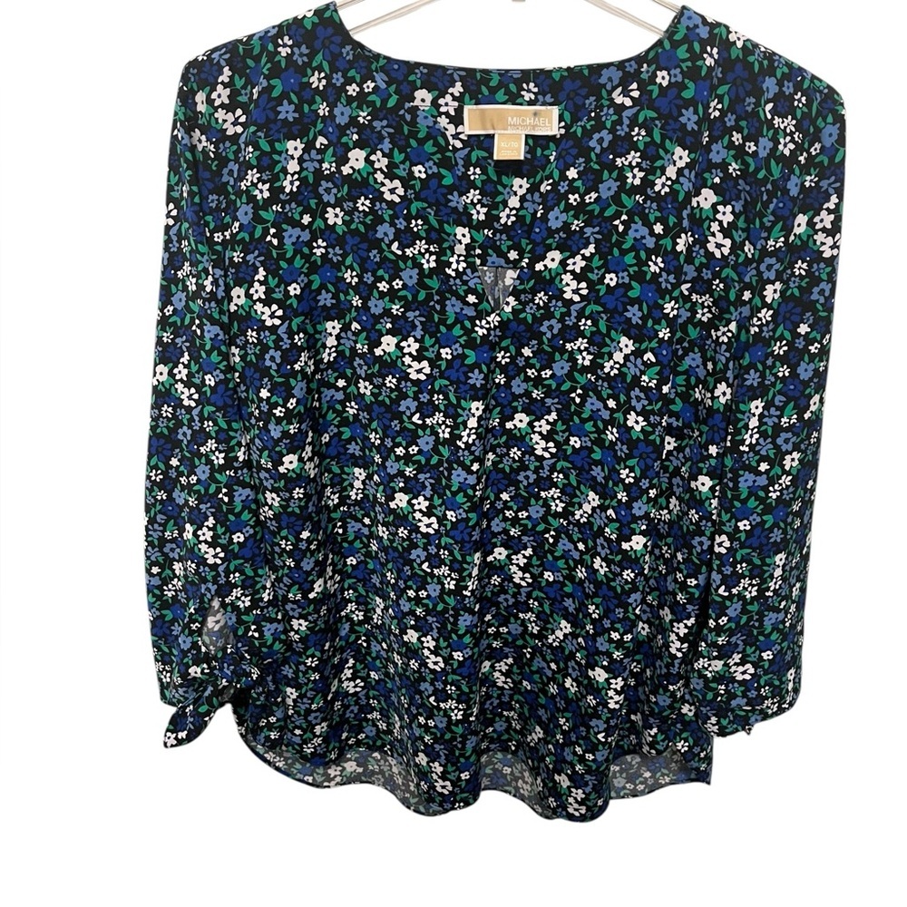Michael Kors Blue Floral Blouse with cute tie sleeves. EUC